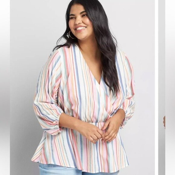 Lane Bryant Striped Multicolor Crossover Peplum coquette Babydoll Top Size 14 - Picture 13 of 13